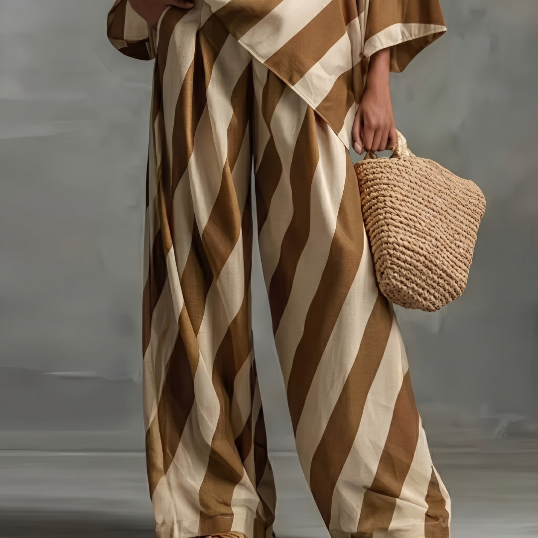 Ropa femenina: conjunto asimétrico de dos piezas para mujer, blusa y pantalón ancho, estilo elegante y casual de verano.