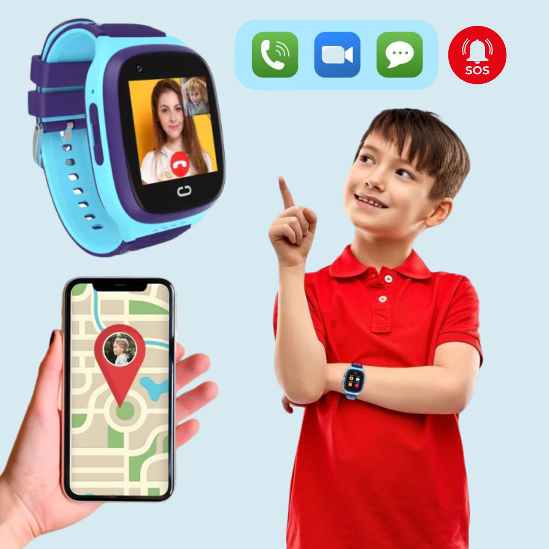 Reloj GPS Infantil 4G azul, localizador para niños con llamadas y seguridad en tiempo real.