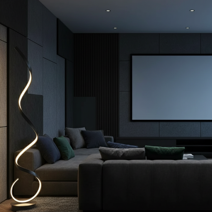 Lámpara de pie LED moderna y espiral, regulable para salón. Eficiencia energética superior.
