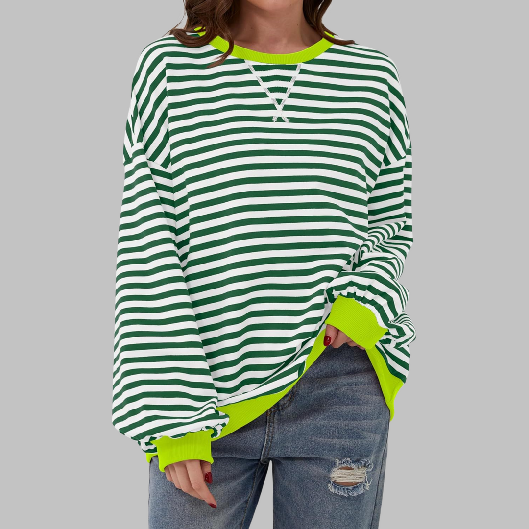 Sudadera de mujer a rayas, cuello redondo. Moda casual y confortable.