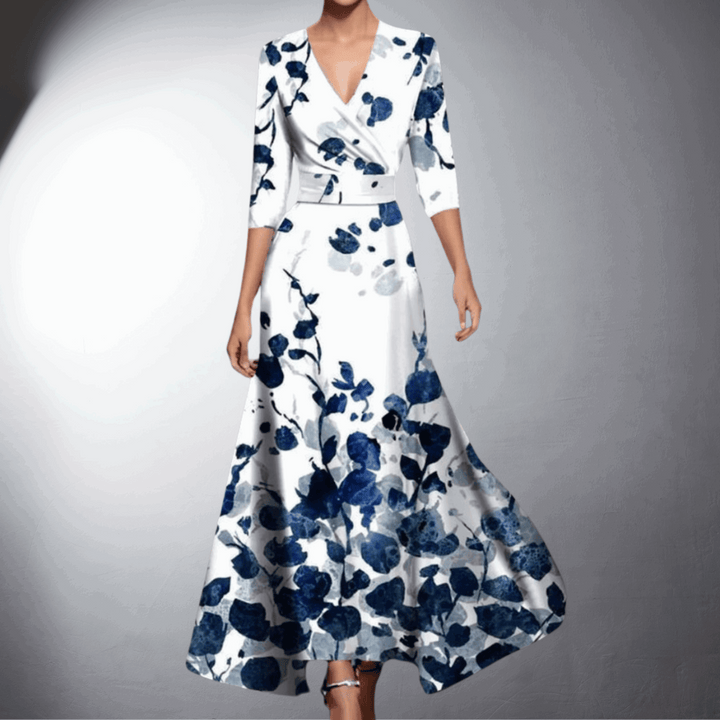 Elegante vestido de noche floral para mujer, corte largo y fluido, ideal para galas y ocasiones especiales.