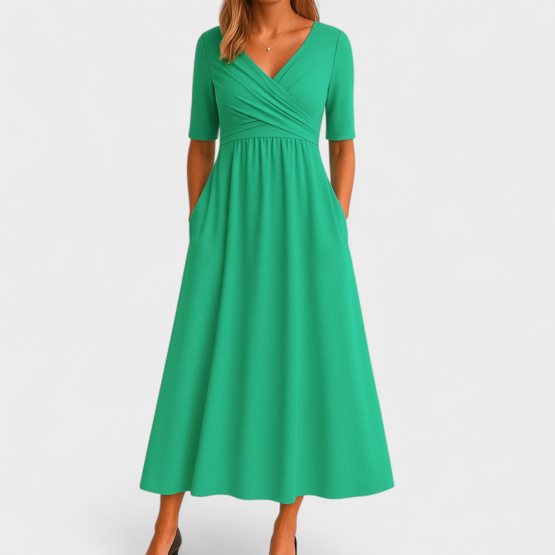 Vestido midi de mujer con corte elegante y falda fluida, ideal para fiesta o evento formal.