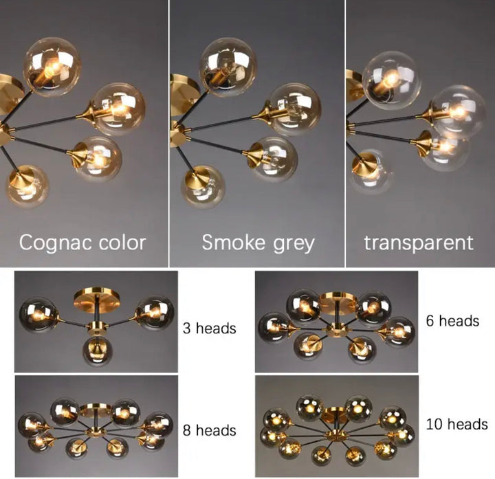 Lámpara de techo de 8 luces con esferas de cristal brillante en tono jade. Iluminación interior de calidad.