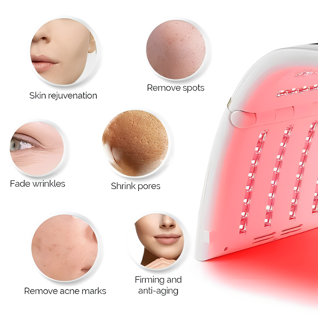 Dispositivo fototerapia LED 7 colores para rejuvenecimiento facial y tratamiento antiarrugas.