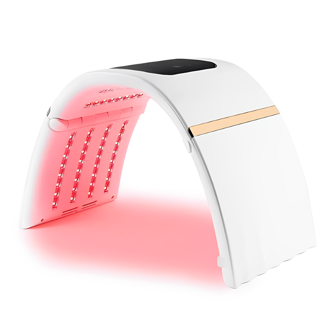 Fototerapia LED 7 colores para rejuvenecimiento facial, estimula colágeno y combate imperfecciones.