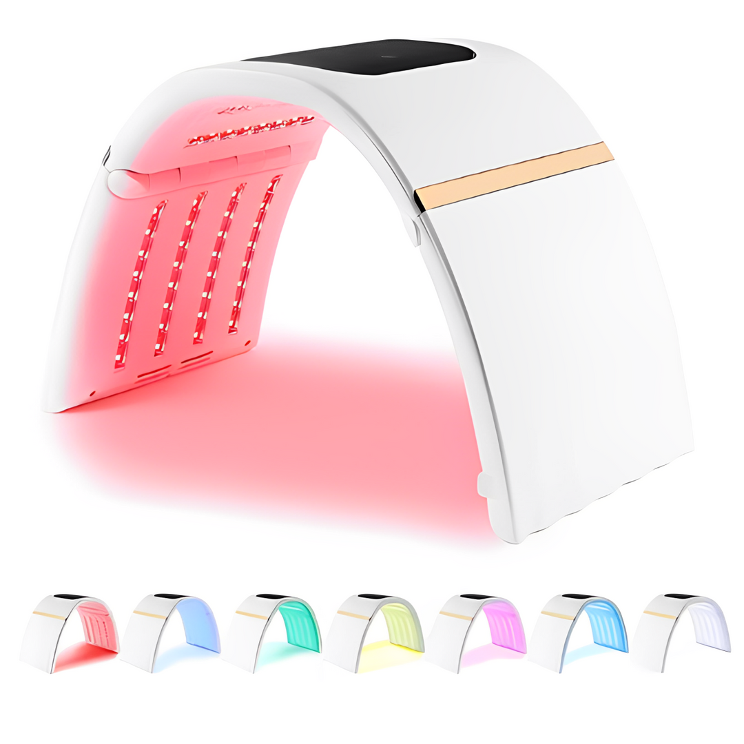 Terapia de luz LED facial 7 colores para reducir arrugas, mejorar elasticidad y tono de piel.
