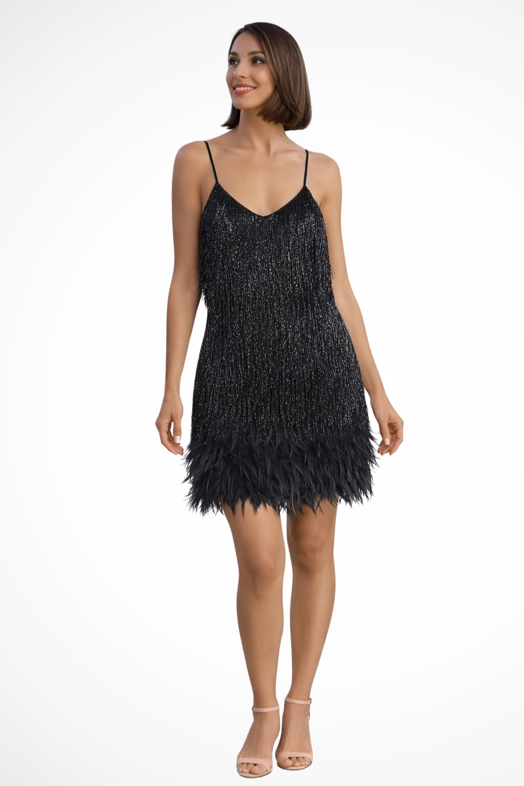 Vestido de fiesta con flecos para mujer, resaltando su elegancia y añadiendo un toque vibrante al atuendo.