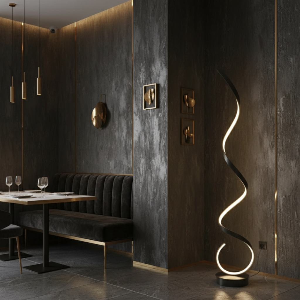 Decorativa lámpara de pie LED espiral, regulable para crear un ambiente único y personal.