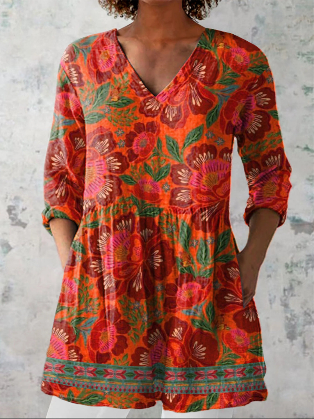 Camisa larga de verano mujer, estilo vintage con cuello V, estampado floral casual en rojoclaro.