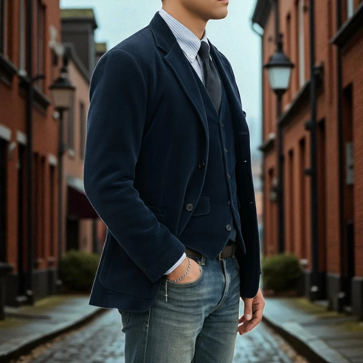 Hombre luciendo conjunto elegante de blazer y chaleco. Estilo moderno formal, ropa de oficina de calidad.