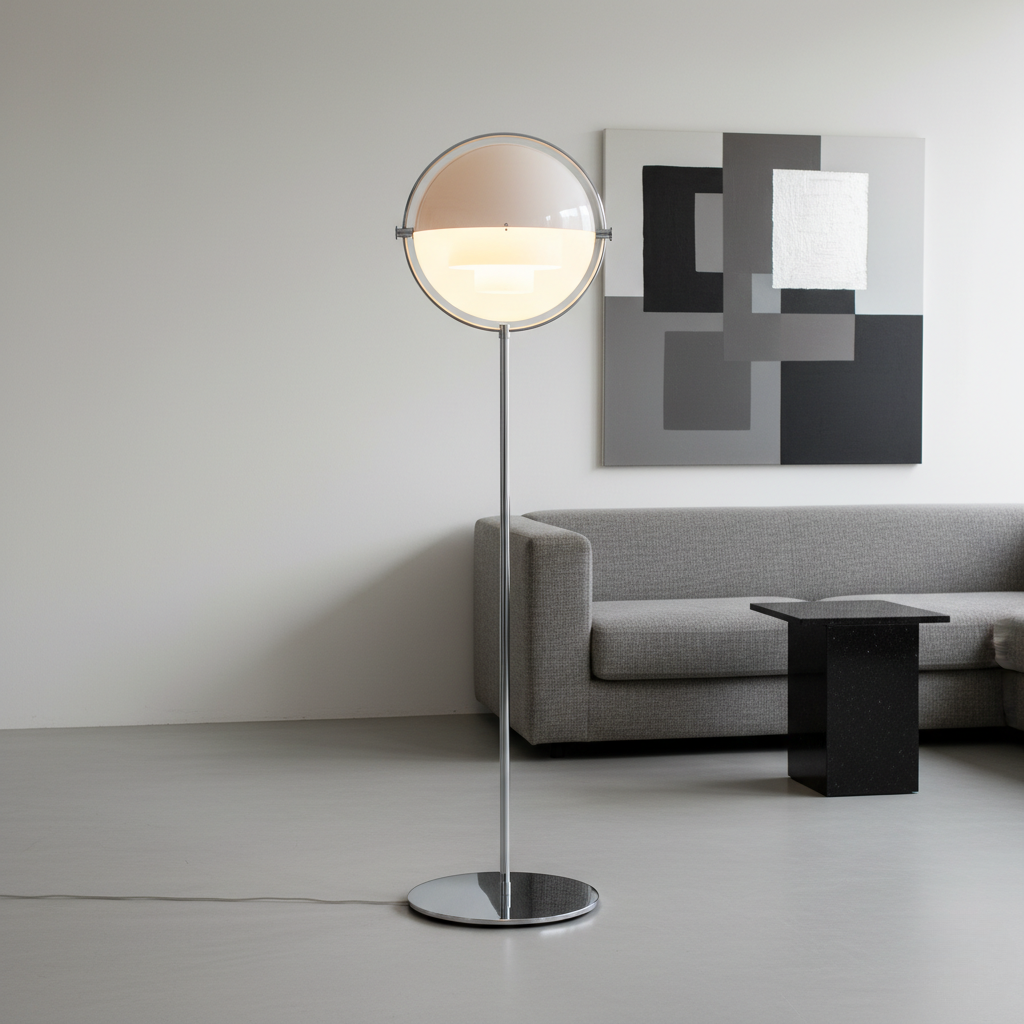 Iluminación de pie minimalista, lámpara escultural para ambiente acogedor.