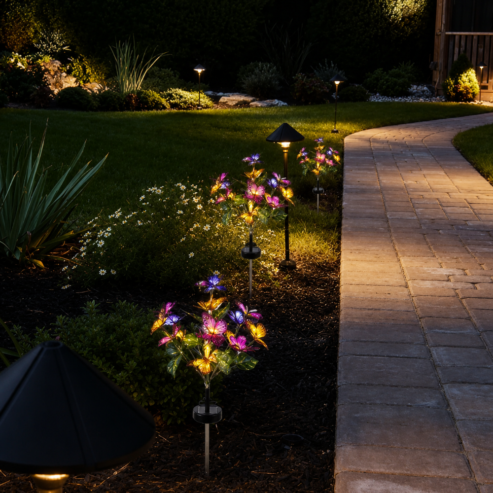 Lámparas solares LED para patio. Diseño de mariposa, resistente al agua, decoración exterior.