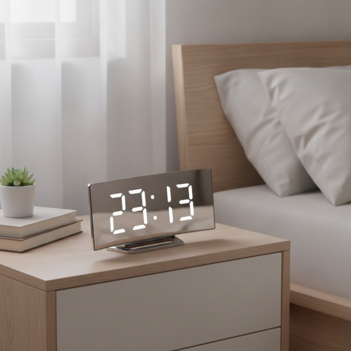 Despertador digital LED curvado con pantalla grande, fácil de leer para personas mayores.