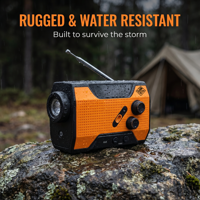 Radio de clima NOAA portátil, con power bank y función SOS, ideal para camping y desastres naturales.