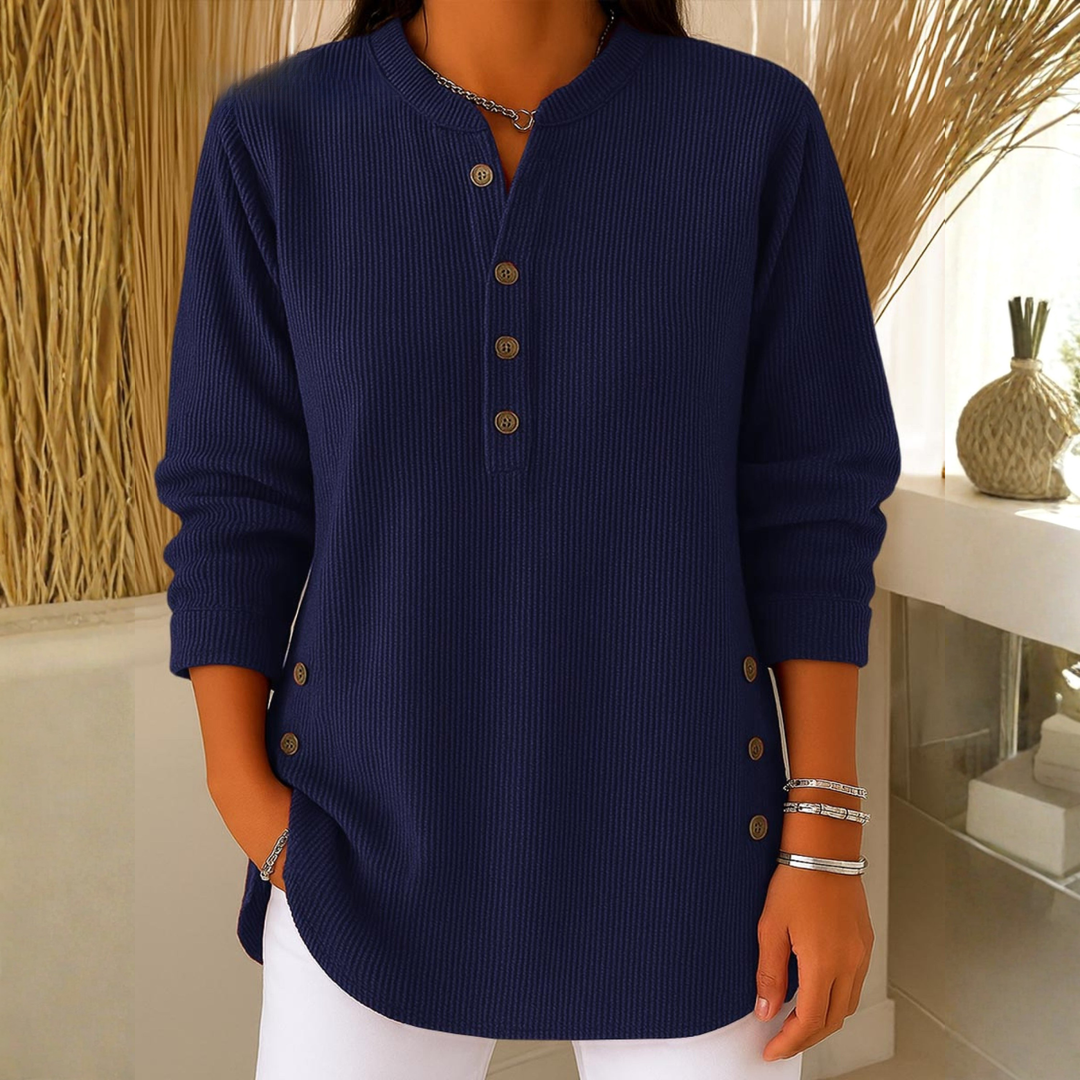 Suéter texturizado de manga larga para mujer, diseño casual y cómodo con elegantes botones. Estilo versátil.