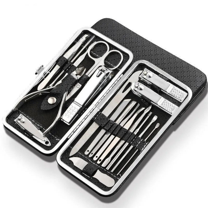Kit de manicura portátil de acero inoxidable, herramientas profesionales para pedicura y cuidado de uñas en estuche.