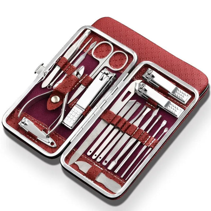 Herramientas de precisión para uñas, set de manicura y pedicura 19-en-1 de acero inoxidable para uso profesional.