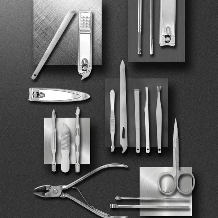 Set de 19 herramientas de acero inoxidable para manicura y pedicura, ideal para un cuidado de uñas profesional y completo.