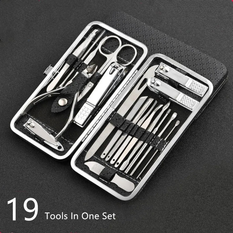 Set de cuidado de uñas duradero, 19 herramientas de manicura y pedicura de acero inoxidable para belleza y salud.