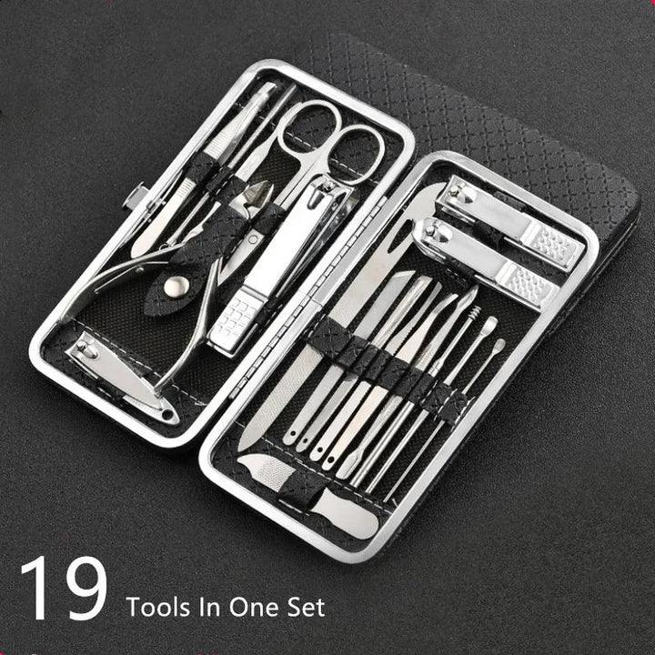 Set de cuidado de uñas duradero, 19 herramientas de manicura y pedicura de acero inoxidable para belleza y salud.