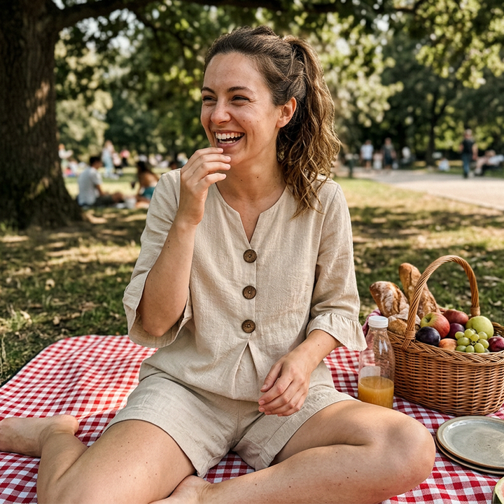 Blusa y shorts de mujer, un set casual y veraniego, ideal para paseos o la playa.