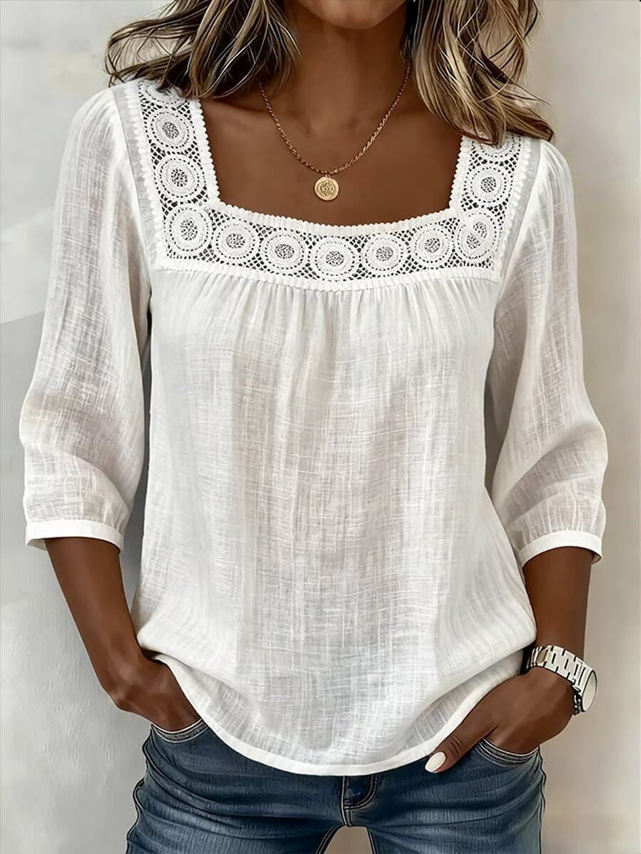 Blusa elegante de mujer en algodón y lino, con detalles de encaje para un estilo fresco y transpirable de verano.
