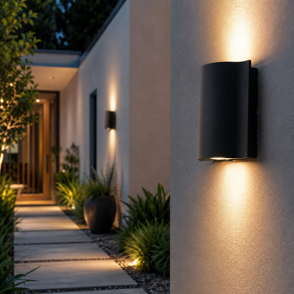 Lámpara de pared LED moderna, diseño ondulado, ideal para exteriores e interiores.