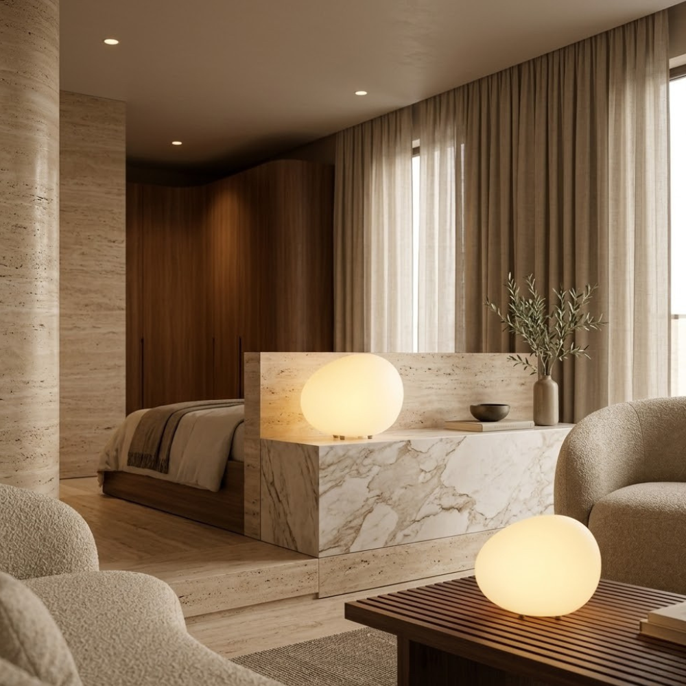 Iluminación interior: lámpara LED 'Pebble' con luz ajustable. Ideal para dormitorio moderno.