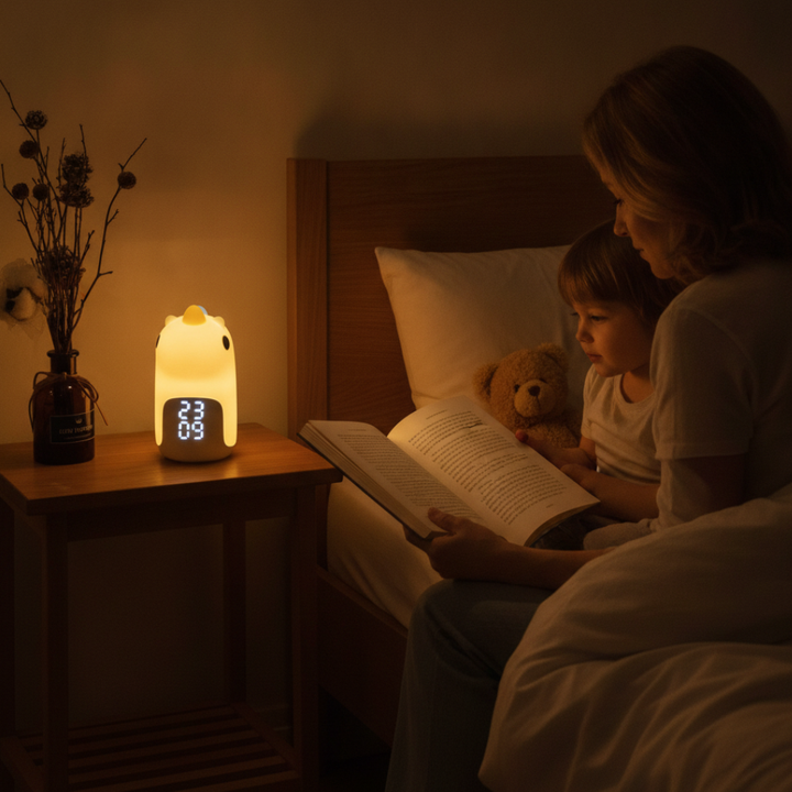 Unicornio de gel de sílice con luz nocturna USB y reloj despertador para niños.