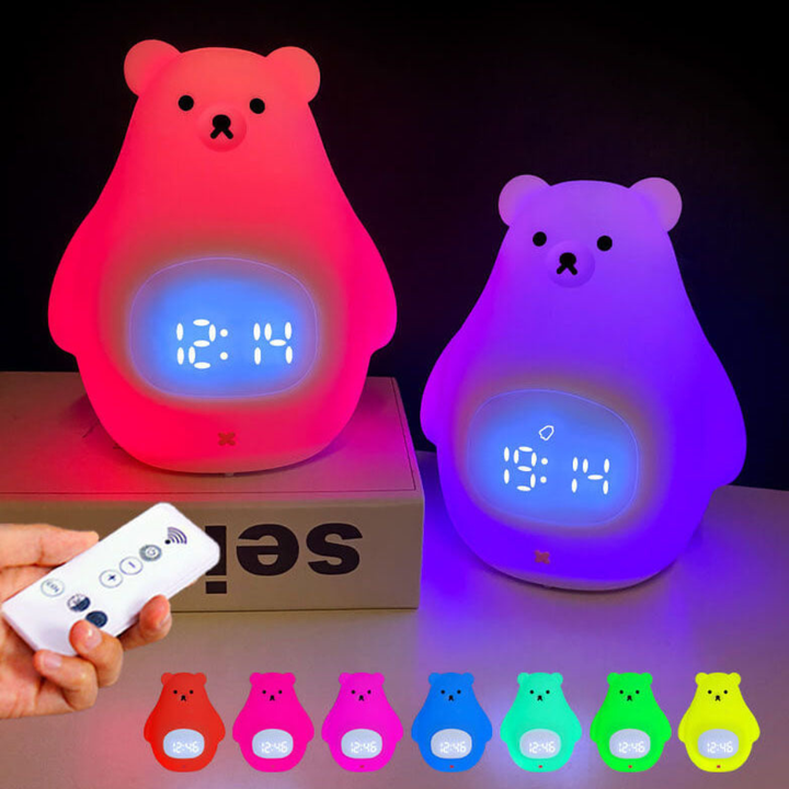 Iluminación infantil: lámpara de noche oso polar con reloj despertador LED, USB.