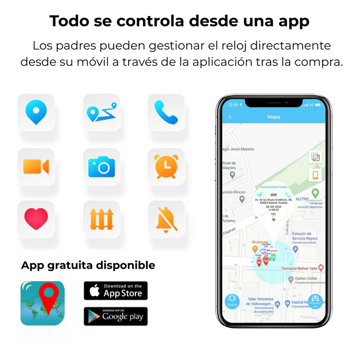 Niño interactuando felizmente con reloj teléfono GPS, juegos educativos y llamadas con amigos.