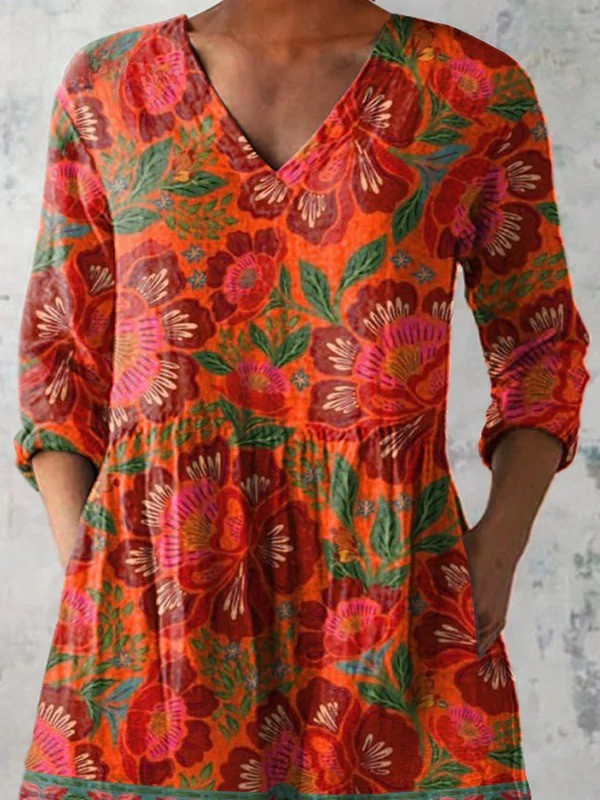 Blusa de verano fluida y larga para mujer, estilo vintage elegante con cuello V, estampado casual rojoclaro.