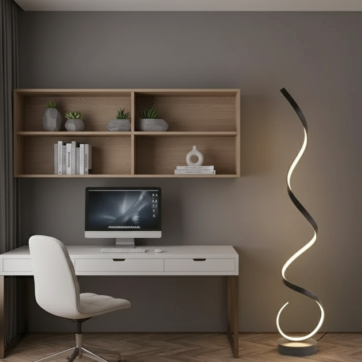 Lámpara de pie LED regulable, diseño espiral contemporáneo para iluminación del hogar.