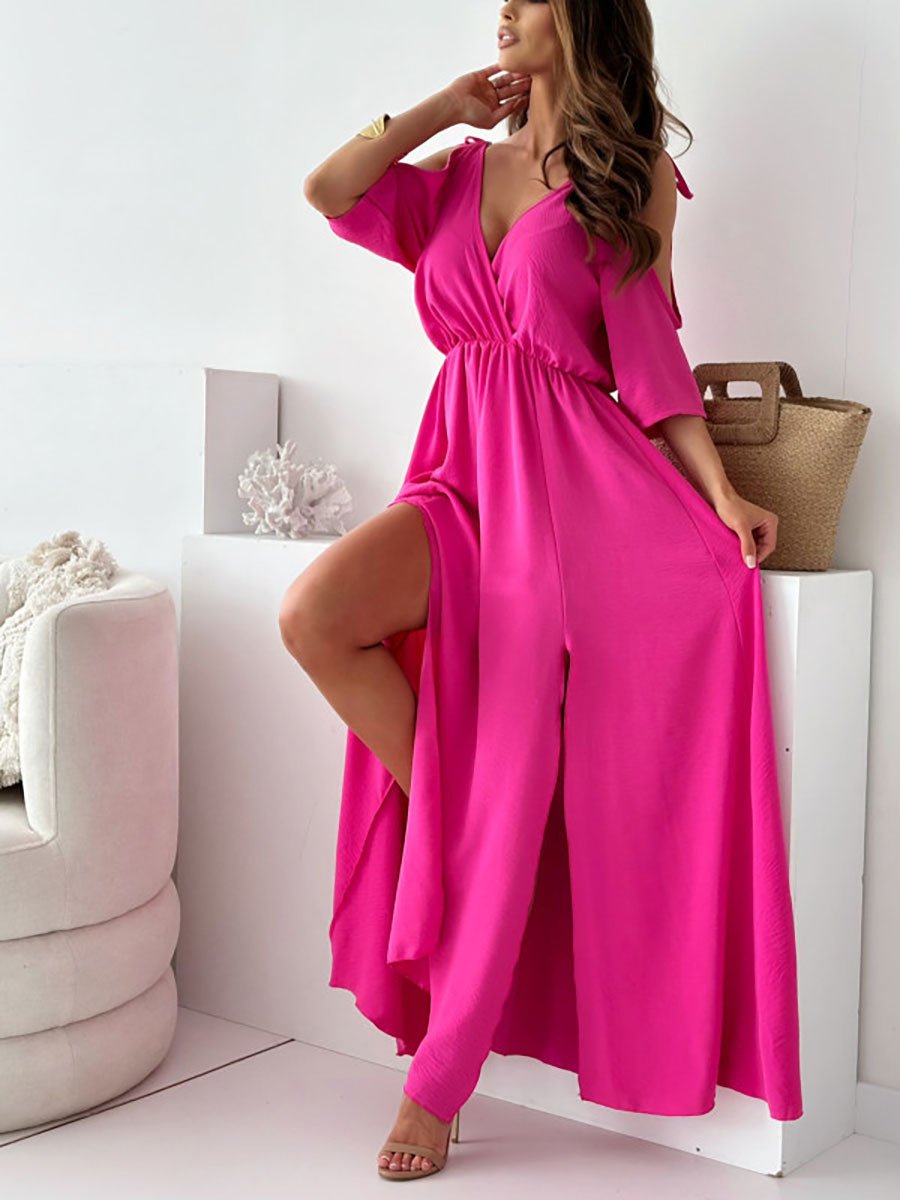 Ropa mujer: Vestido maxi con hombros descubiertos, corte elegante y abertura. Perfecto para noche o fiesta.