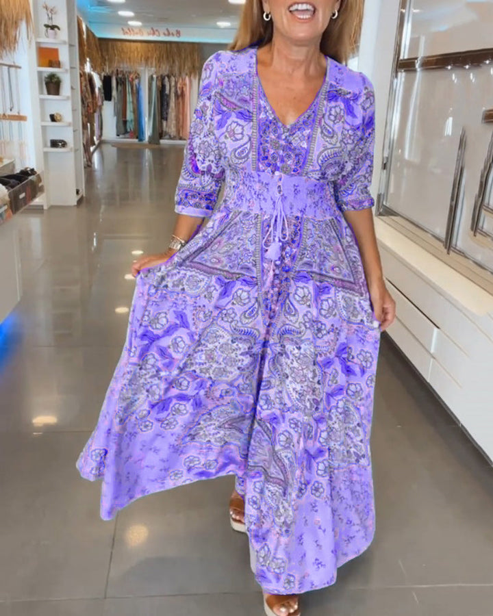 Vestido casual para mujer con estilo bohemio, estampado floral y cintura ajustable.