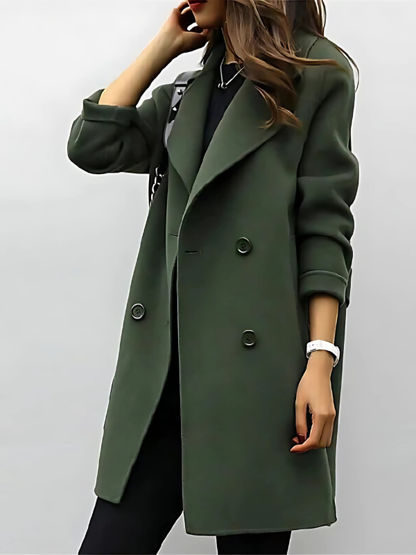 Abrigo trench clásico largo para mujer, color beige, estilo atemporal y elegante, perfecto para otoño y primavera.