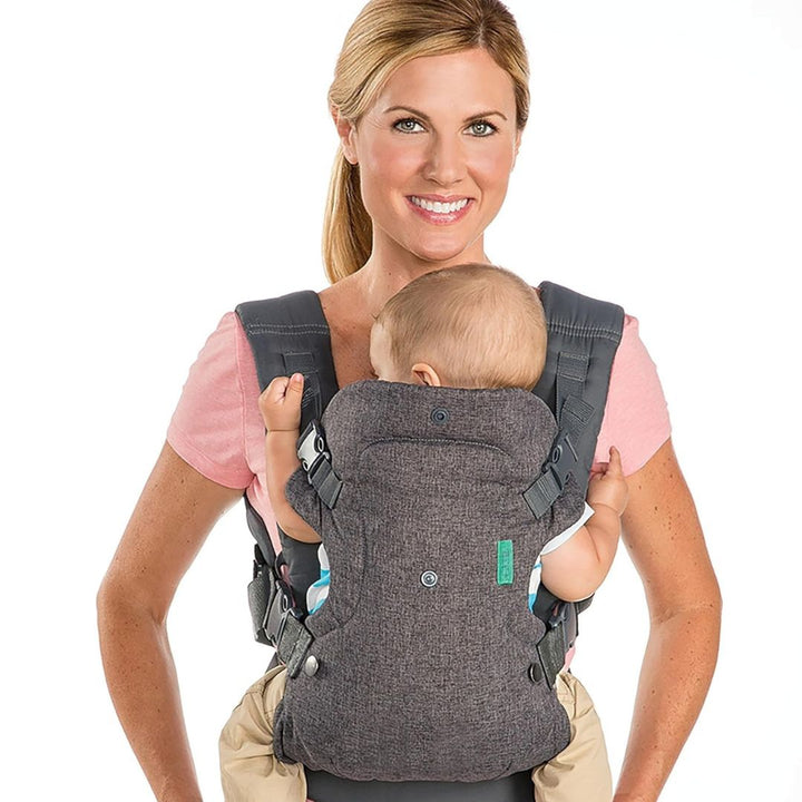 Portabebés ergonómico 4-en-1 en gris, ofrece comodidad y soporte seguro para el desarrollo del bebé.