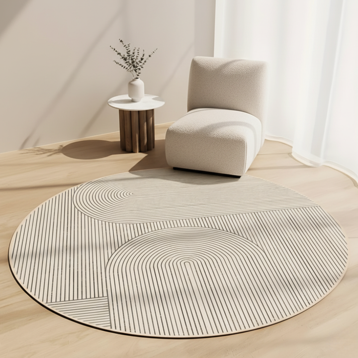 Alfombra redonda antideslizante escandinava para sala, diseño elegante que aporta confort y seguridad al hogar.