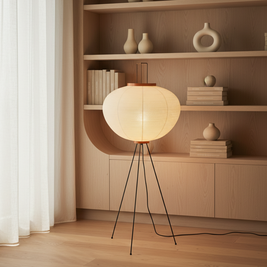 Lámpara de pie Yūgen minimalista moderna, luz ambiental serena para salón.