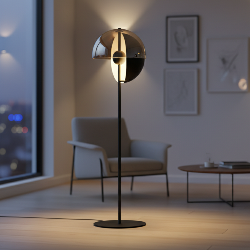 Lámpara de pie moderna de cristal, ideal para sala de estar y dormitorio. Iluminación elegante y decorativa.