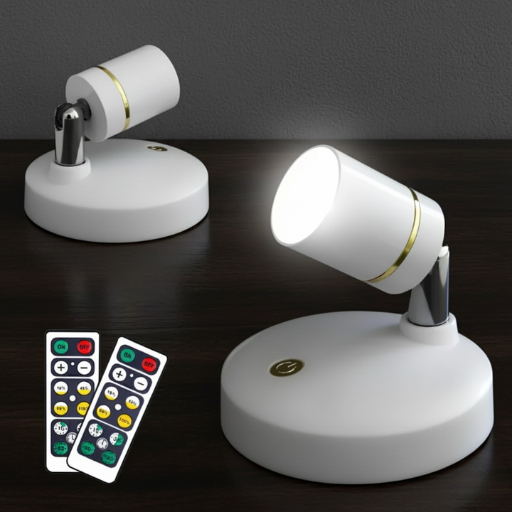 Luz de acento versátil, foco LED regulable con control remoto y carga USB práctica.