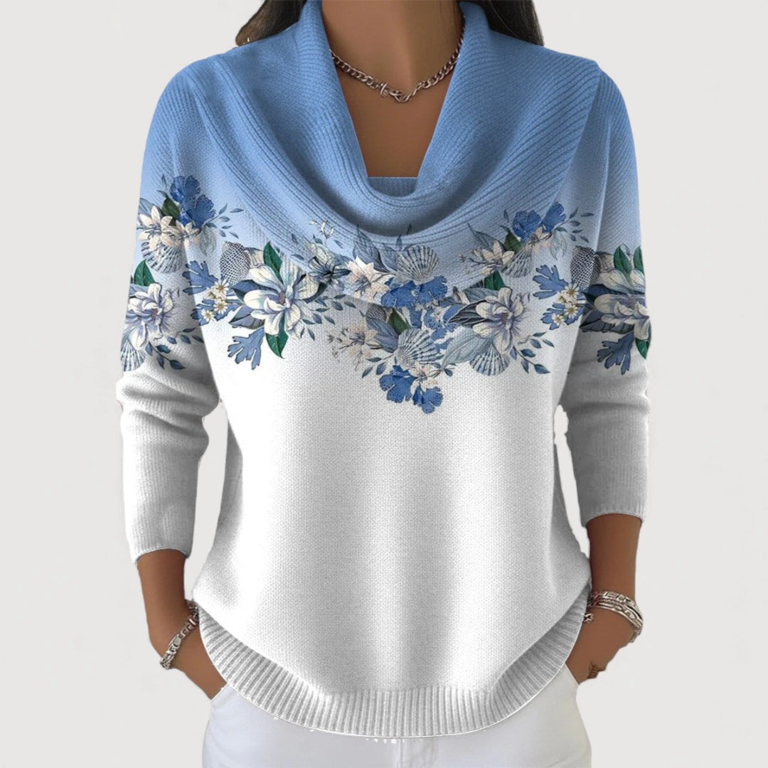 Suave jersey de algodón floral para mujer, cuello vuelto. Estilo casual y cómodo.