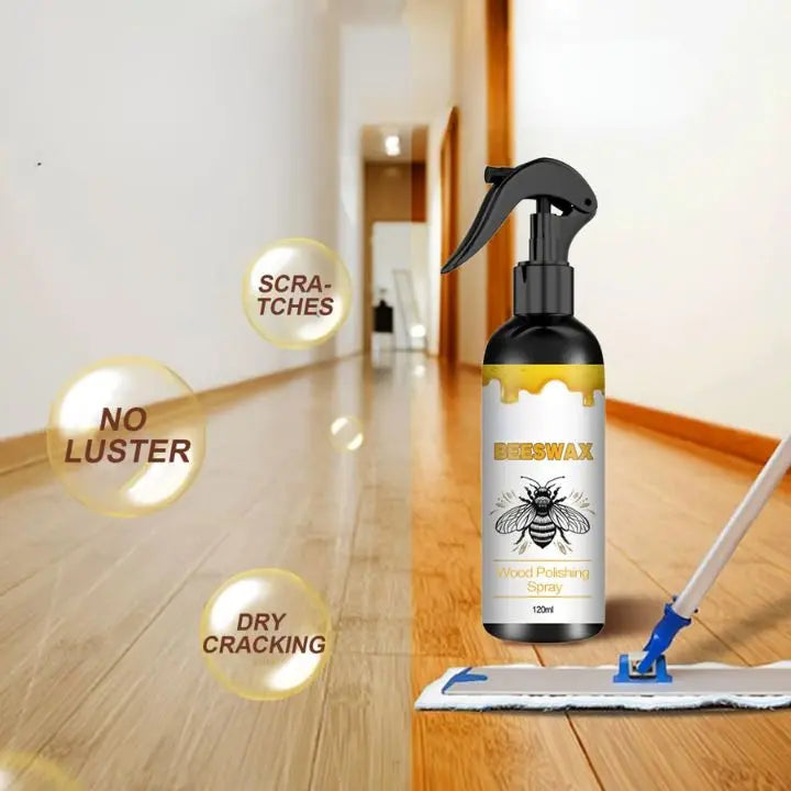 Renovando el brillo de madera con spray de cera de abeja, restaurador natural y cuidado de muebles.