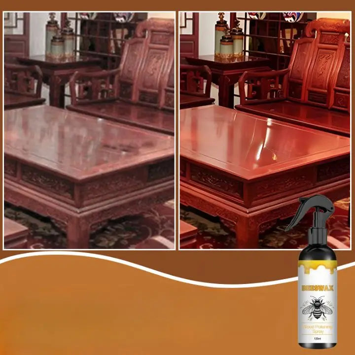 Aplicando spray de cera de abeja en mueble de madera, puliendo y renovando con cuidado natural.