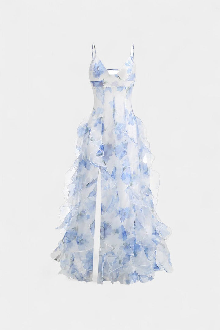 Vestido de verano floral para mujer, con volantes, cortes laterales y estilo elegante.
