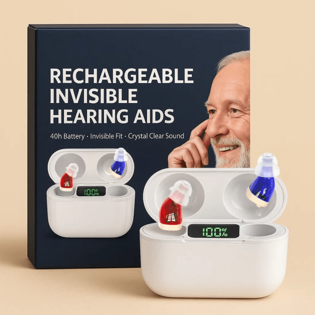 Adulto usando audífonos in-ear invisibles. Disfruta de audición clara y recargable para la salud auditiva.
