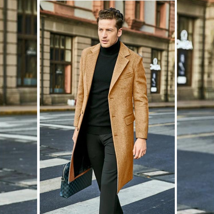 Abrigo largo clásico para hombre, disponible en negro, gris y marrón, prenda exterior versátil y elegante.