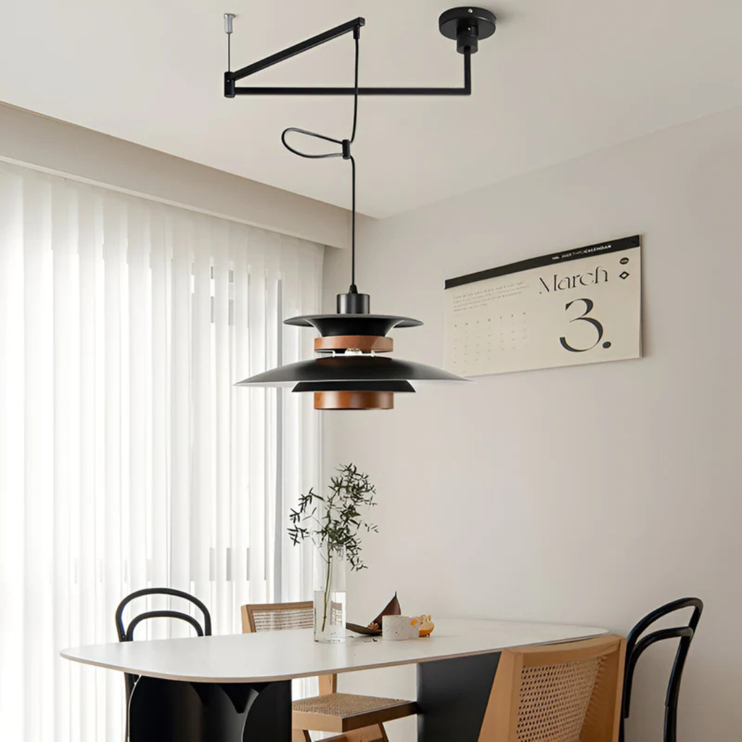 Colgante LED minimalista para comedor o sala. Diseño moderno que complementa la decoración nórdica del hogar.