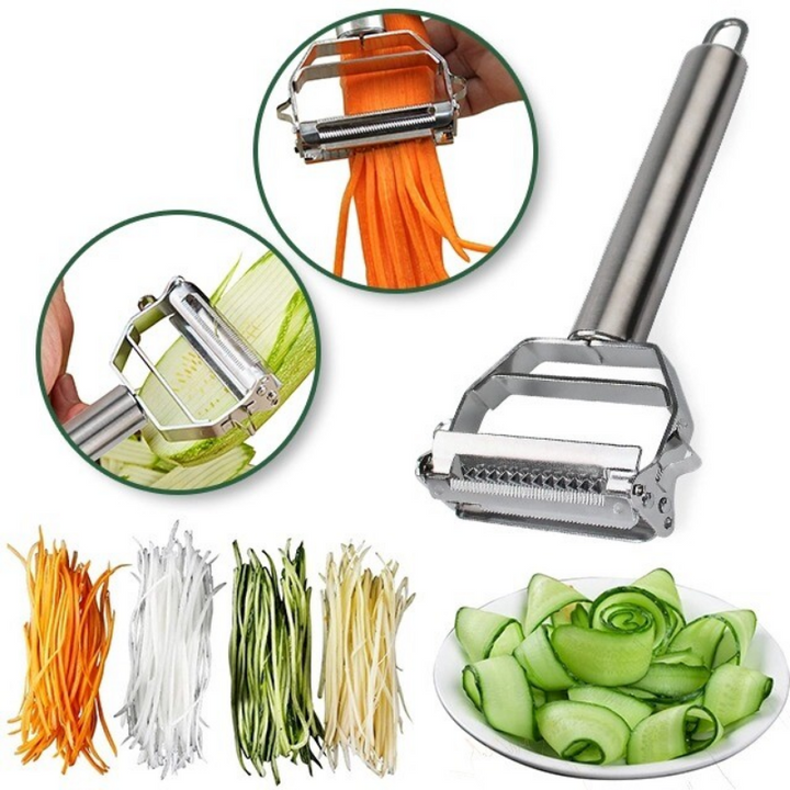 Pelador y cortador de verduras multifuncional de acero inoxidable para una cocina eficiente.