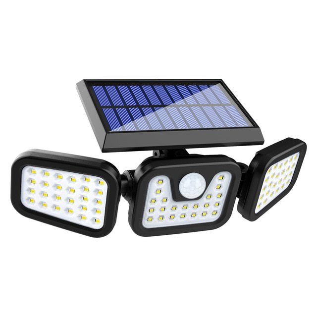 Foco LED solar exterior con sensor de movimiento, ideal para seguridad en jardín o patio.